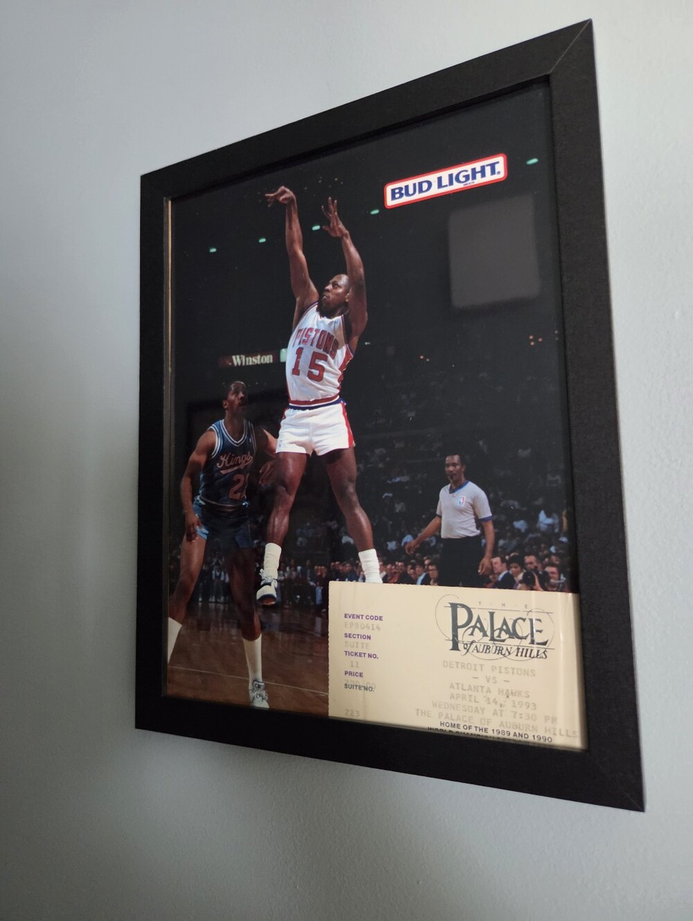 Framed display feat a vintage action photo of Detroit Pistons Vinnie Johnson